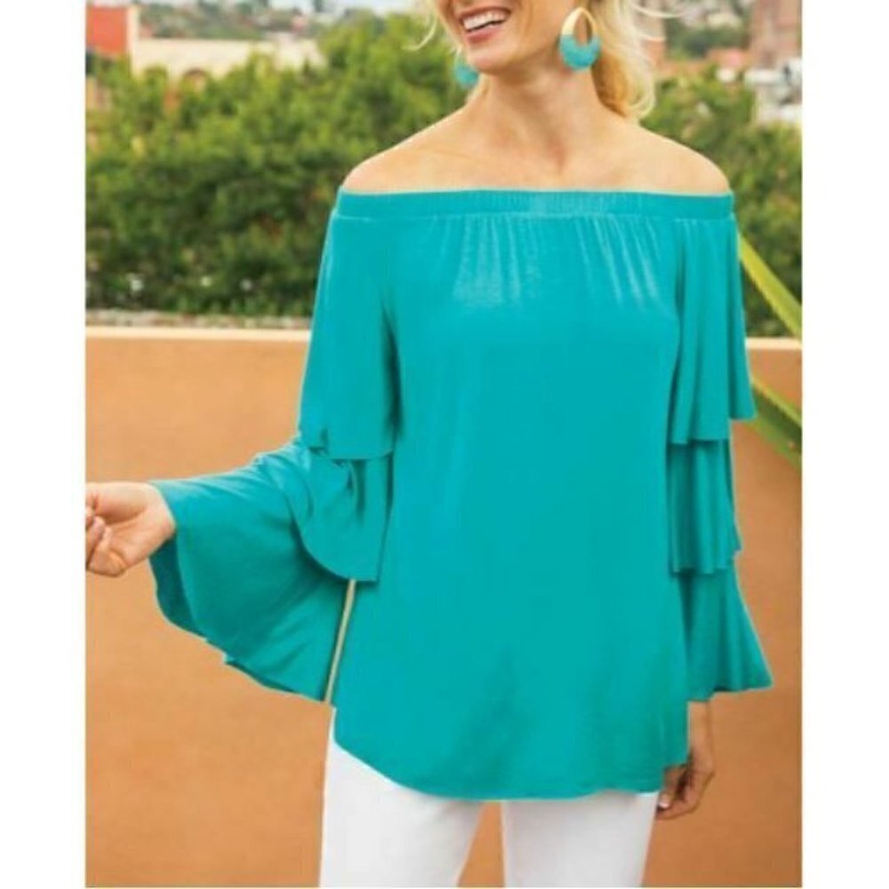 Soft Surroundings Womens Carmen Top Tiered Ruffle Sleeves Off the Shoulder Small